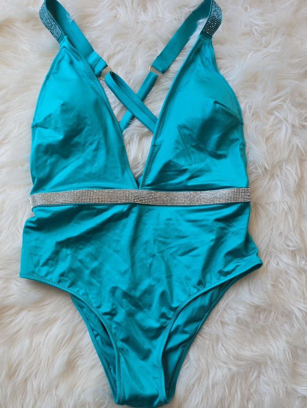 Victoria's Secret Shine Strap Plunge One Piece Swimsuit Teal SIZE S